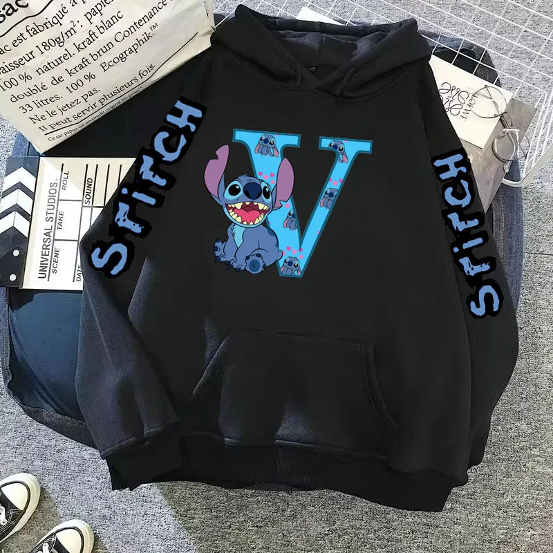 Women's Winter Disney Hoodie – Cute Kawaii Lilo & Stitch, Lucky Letter Print, Black, Fashion Couple Streetwear (Big Size)
