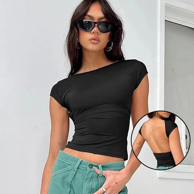 Sexy Backless T-Shirt – Short Sleeve, Solid Color, O-Neck, Fashionable, Summer, Clubwear, Streetwear, Casual, Slim Fit