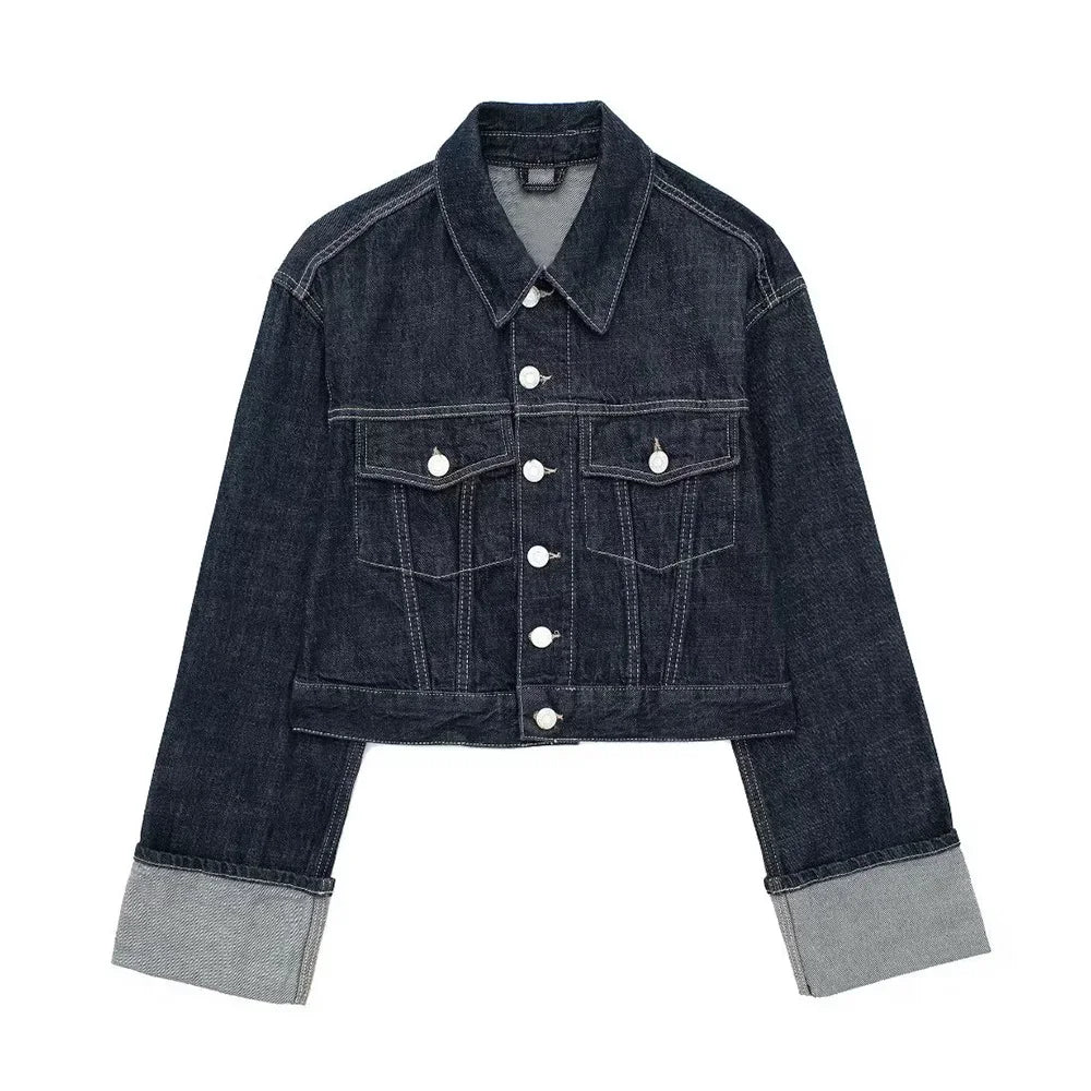 Women's Vintage Denim Jacket – Blue, Single-Breasted, Lapel Neck, Long Sleeve, Chic Fashion