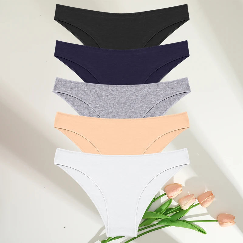 5PCS Set Women's Cotton Panties – Sexy Lingerie, Soft Underwear, Comfortable Briefs, 7 Solid Colors