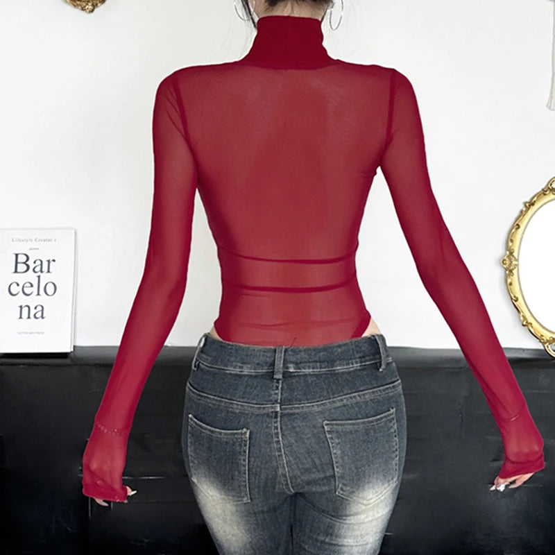 Hollow Out Mesh Bodysuit – Slim-Fit, Turtleneck, Long Sleeve, Korean Chic Elegance