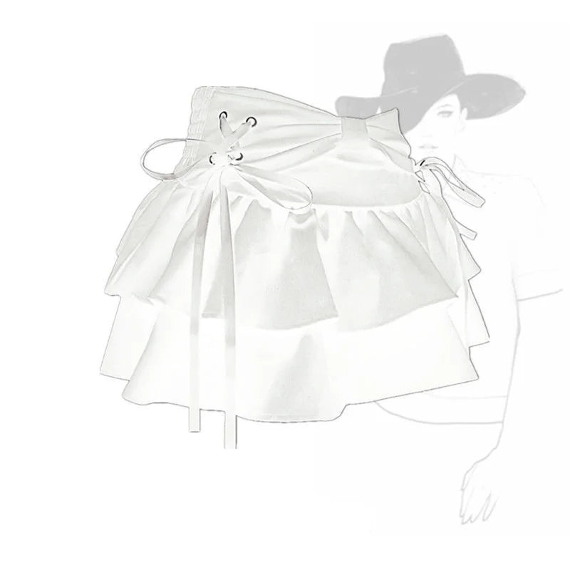 Denim Pleated A-Line Skirt – Bow Fold Design, Built-in Shorts, American Spicy Girl, Korean Fashion
