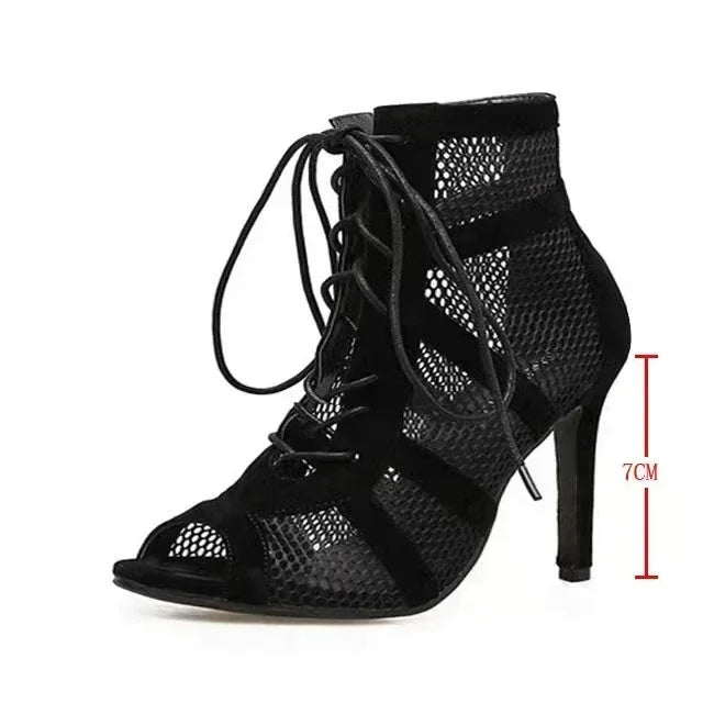 Sexy High Heels Hollow Mesh Sandals - Cross-tied, Peep Toe, Ankle Strap Dance Shoes