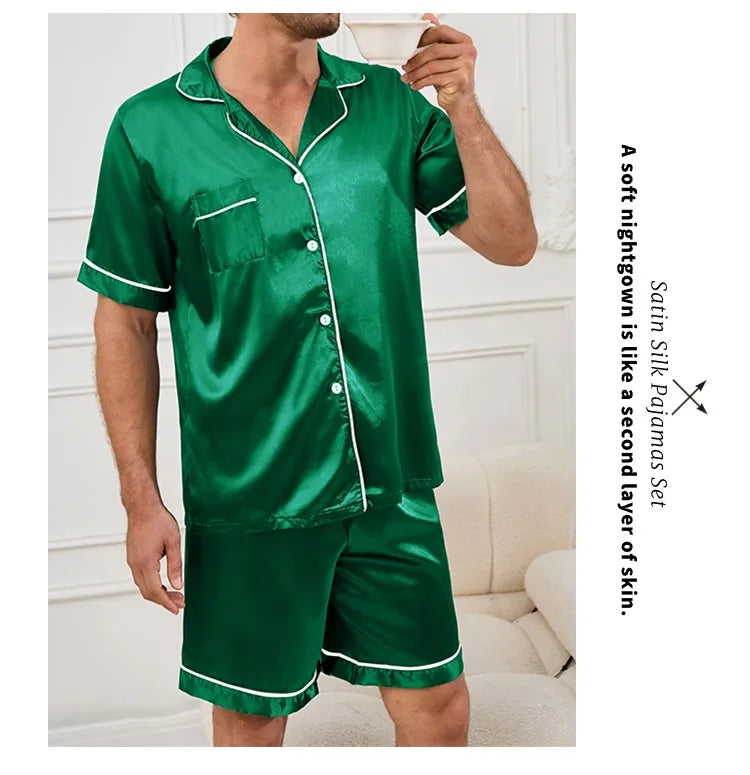 Men's Summer Pajamas Set – Short Sleeve, Button-Down Shirt with Pocket, Matching Shorts, Comfortable Loungewear Sleepwear