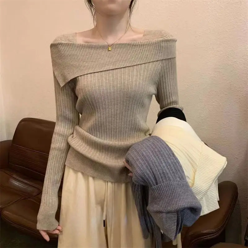 Slim Off-Shoulder Knitted Sweater – Slash Neck, Long Sleeve, Sexy Office Fashion