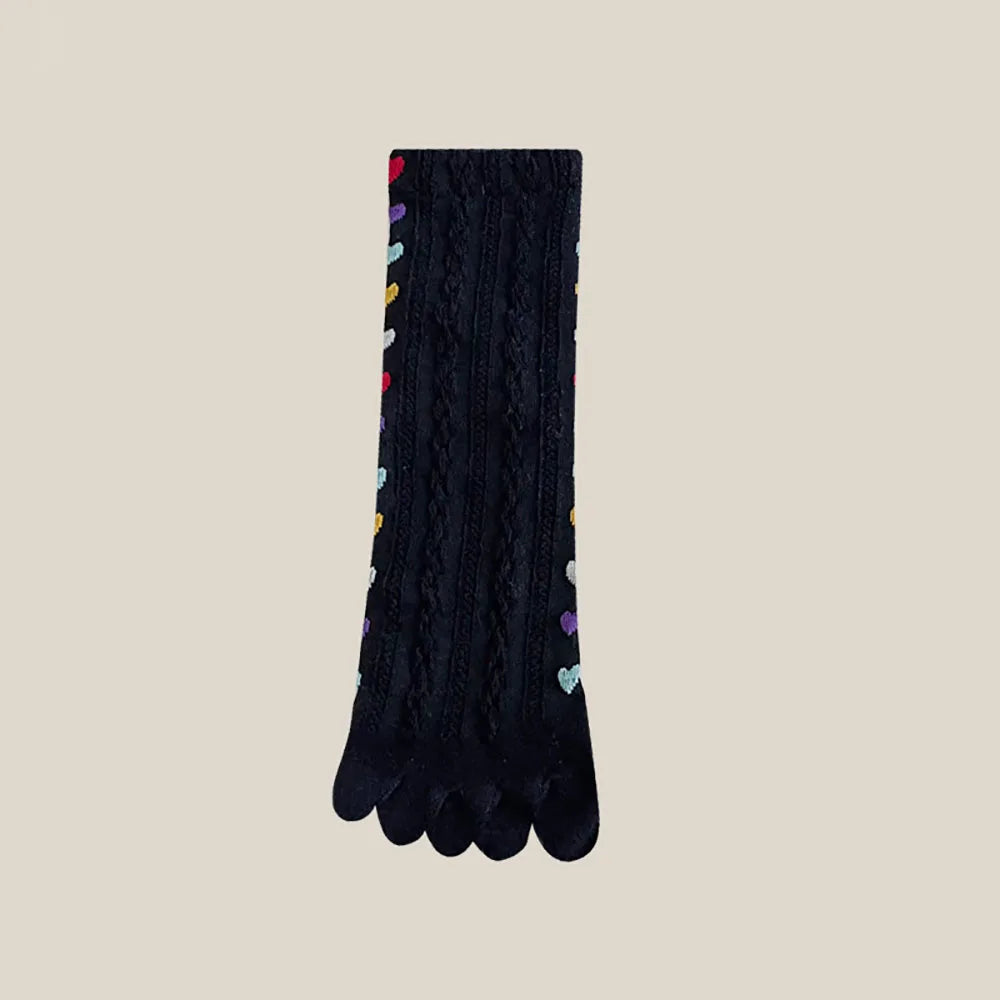 Colorful Heart Braid Five Finger Socks for Women – Spring Autumn, Middle Tube, Cotton, Breathable, Crew Socks, Streetwear
