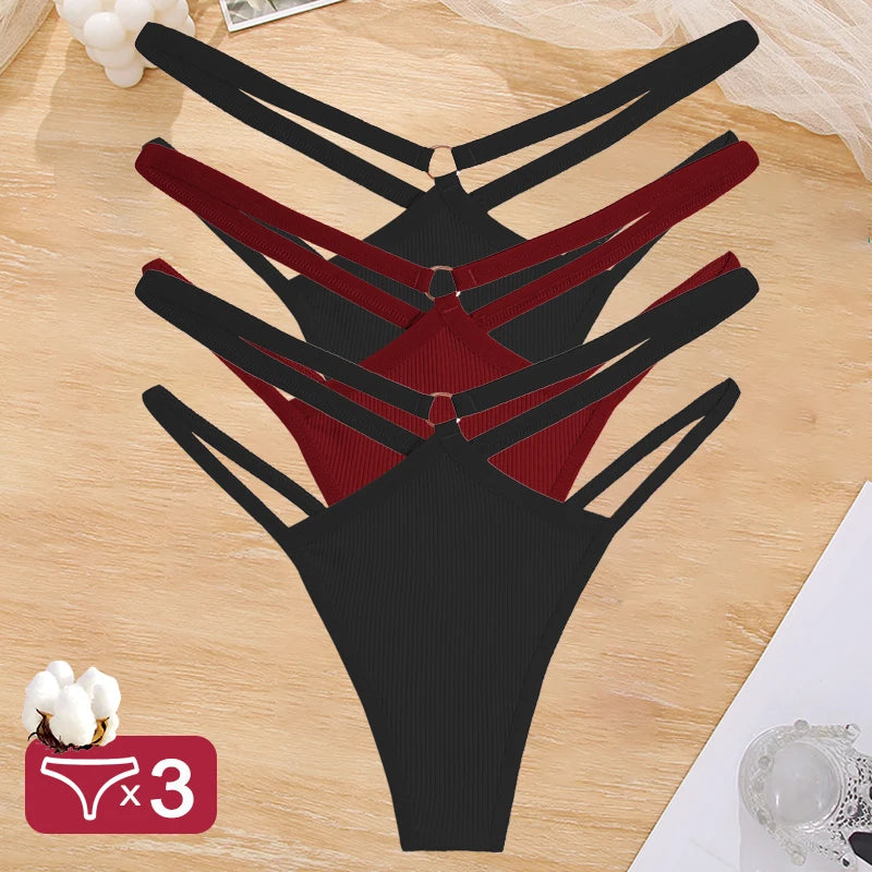 3PCS Set Women's Cotton G-String Thongs – Low Waist, Sexy, Hollow Out, Elastic, Breathable Lingerie