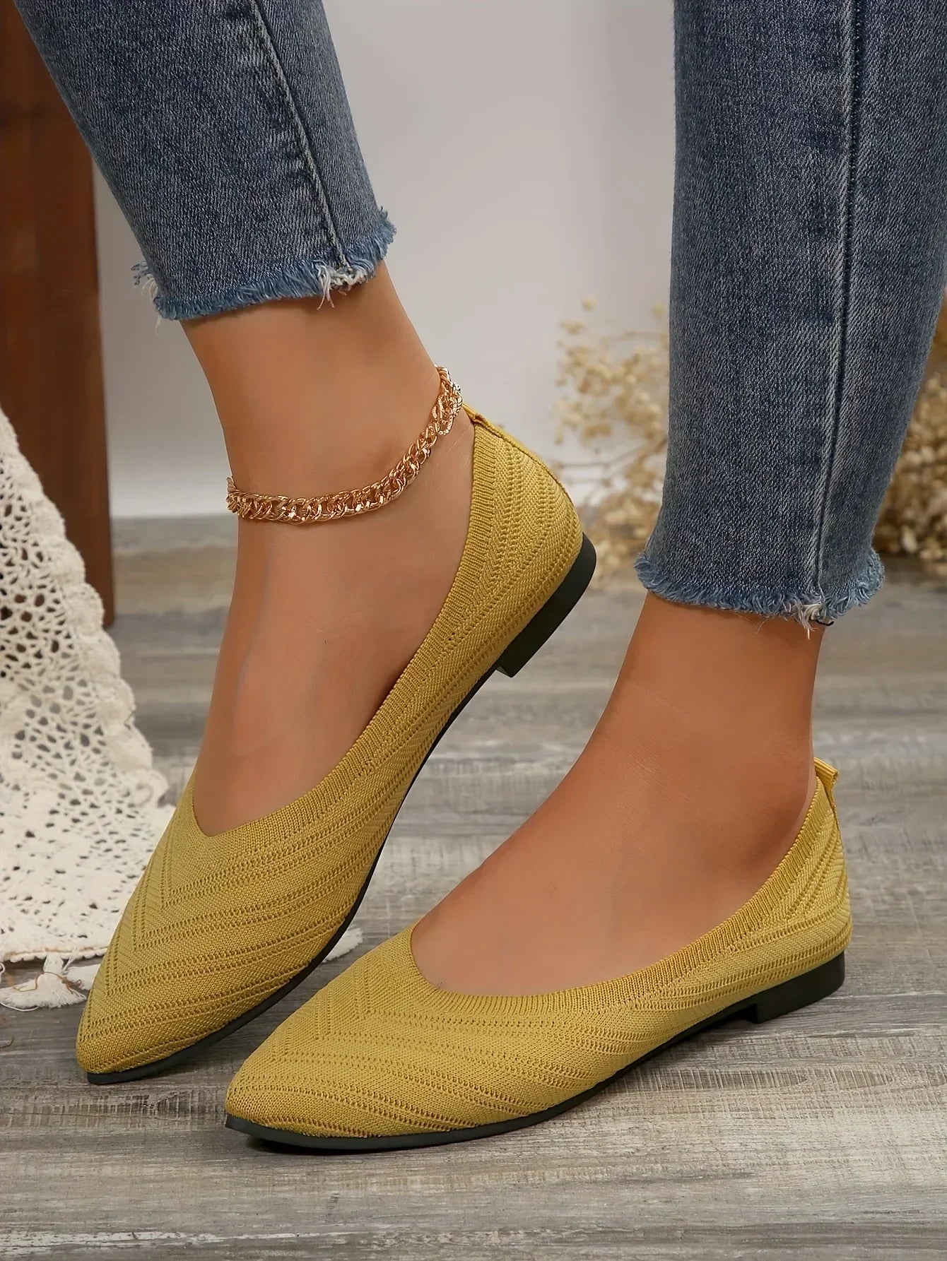 Pointed Toe Flats - Solid Color Knitted Slip-On Office Shoes, Casual Ballet Flats, Women's Loafers, Zapatos de Mujer