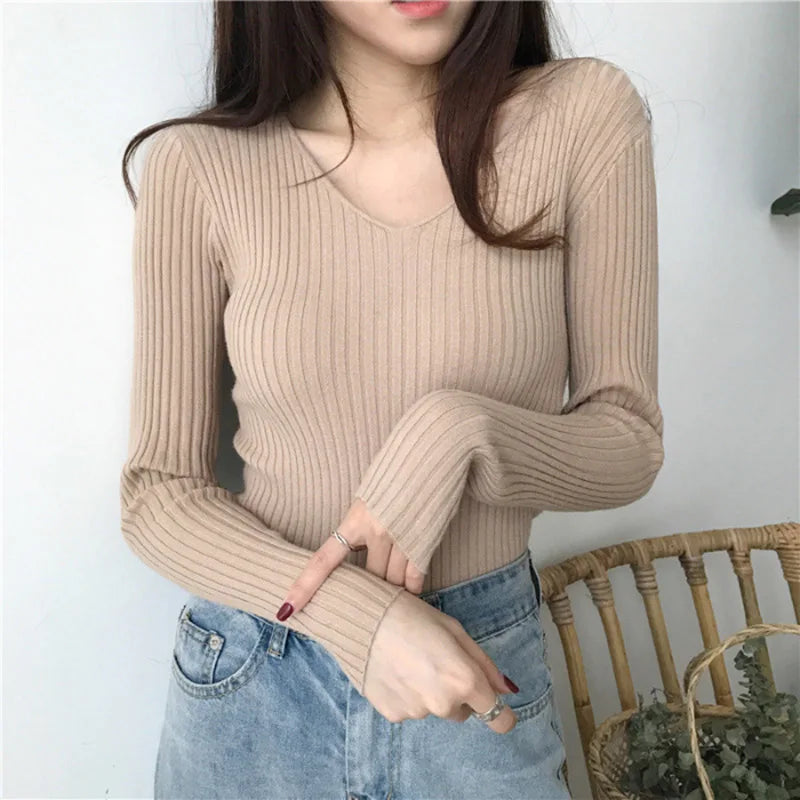 Korean V-Neck Knitted Sweater – Slim Fit, Autumn Winter Pullover, Fashion Jumper for Women