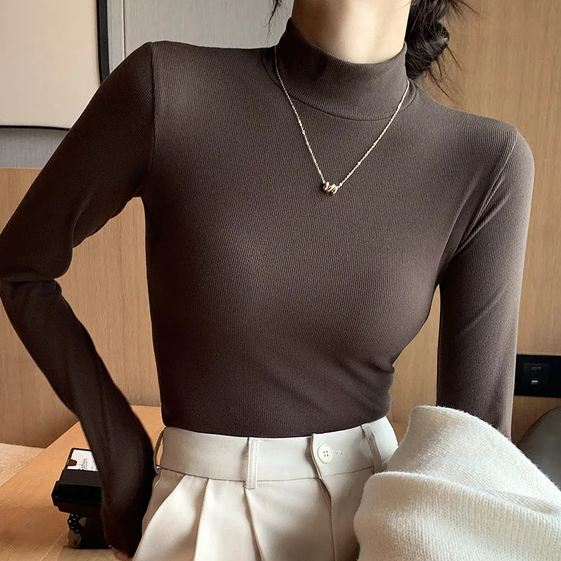 Knitted Half-Turtleneck Pullover – Elegant Korean Fashion, Long Sleeve, Women’s Sweater Jumper