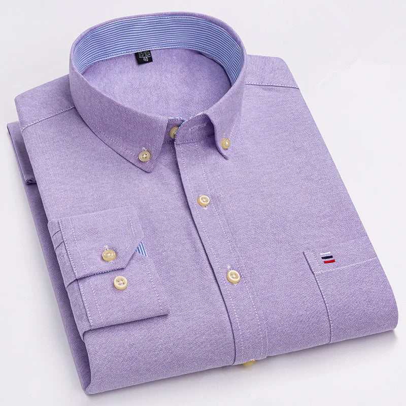Men's 100% Cotton Shirt – Long Sleeve Plaid Oxford, Solid Color, Regular Fit Formal Dress Shirt, Available In Oversized