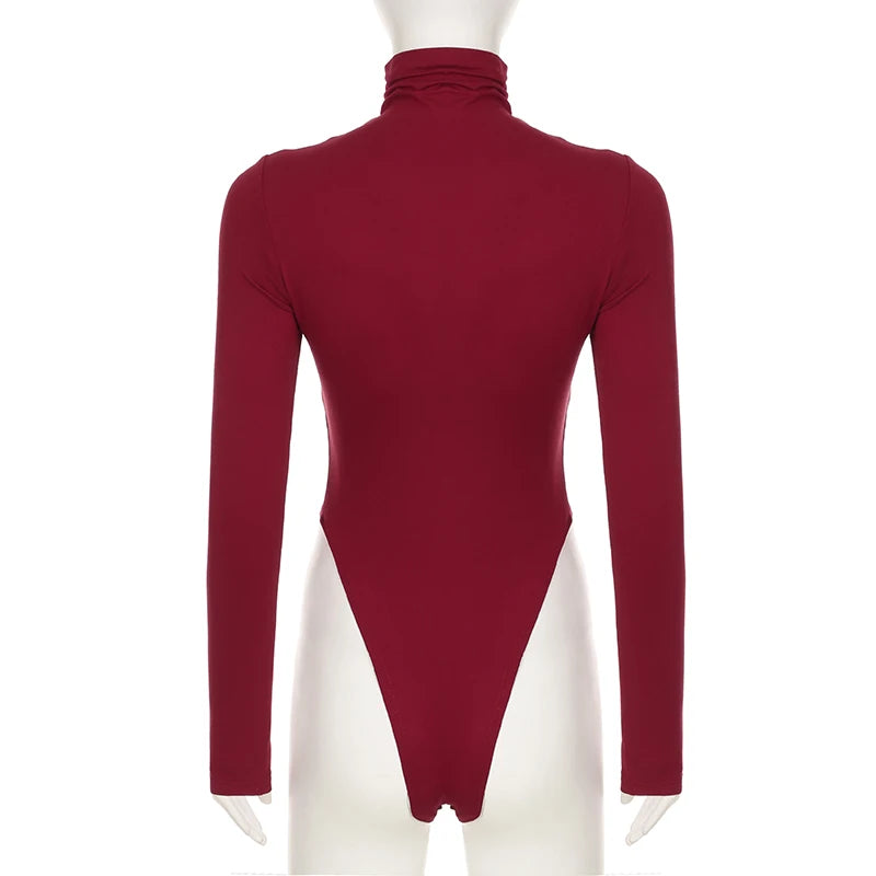 Red Skinny Bodysuit – Heart-Shaped Hollow Out, Sheer Patchwork, Full Sleeve, Vintage Chic Outfit