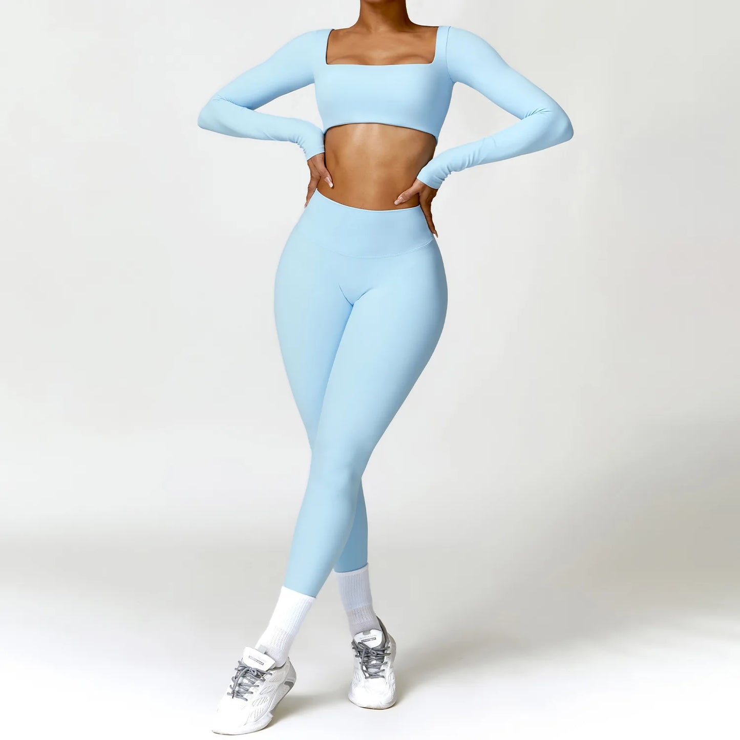 2PCS Women's Yoga & Gym Set – Quick-Dry Long Sleeve Sports Shirt & Leggings for Running & Workout