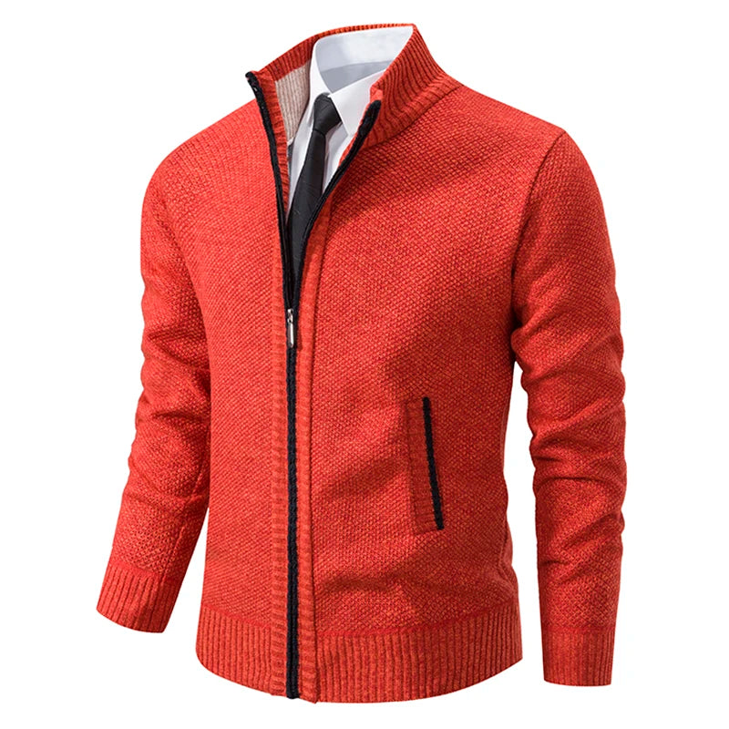 Jersey Men's Casual Sports Coat – Solid Color Stand Collar Sweater, Fleece-Lined, Warm Zipper Cardigan
