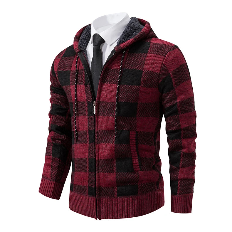 Men's Cardigan – Fashion Plus Velvet Padded Knit Jumpers, Male Sweater, Hooded Plaid Korean Luxury Brand Coat