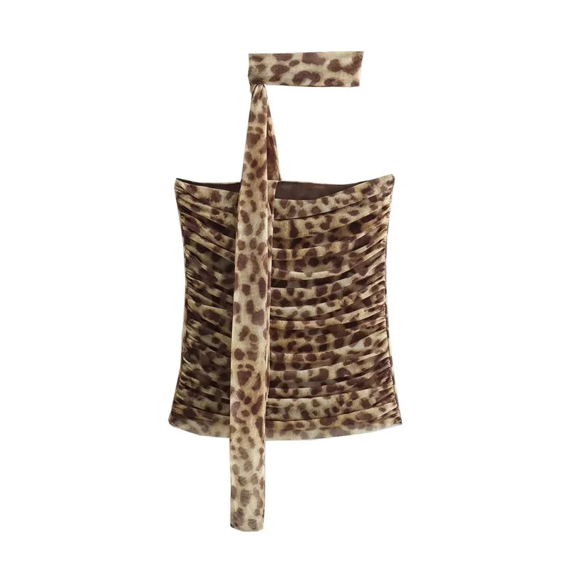 Leopard Print Crop Top – Ruched Tulle, Corset Style, Off-Shoulder, Halter Neck, Sexy, Backless, Tube Top, Women's Fashion