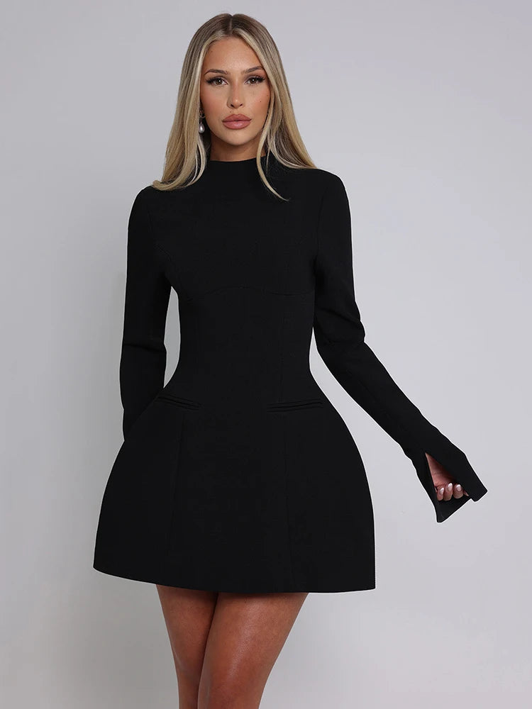 Mozision Long Sleeve Backless Mini Dress – O-Neck, High Waist, A-Line, Elegant Club Party Dress for Women
