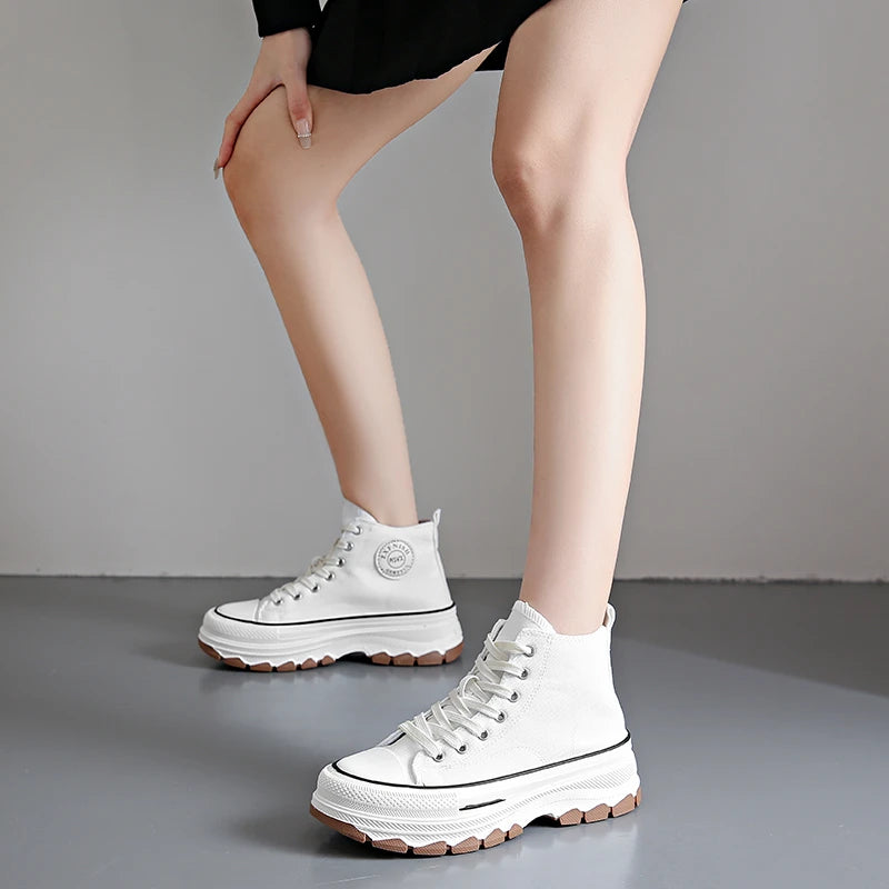 Women’s High Top Canvas Sneakers - Lace-Up, Non-slip, Wear-Resistant, Spring Platform