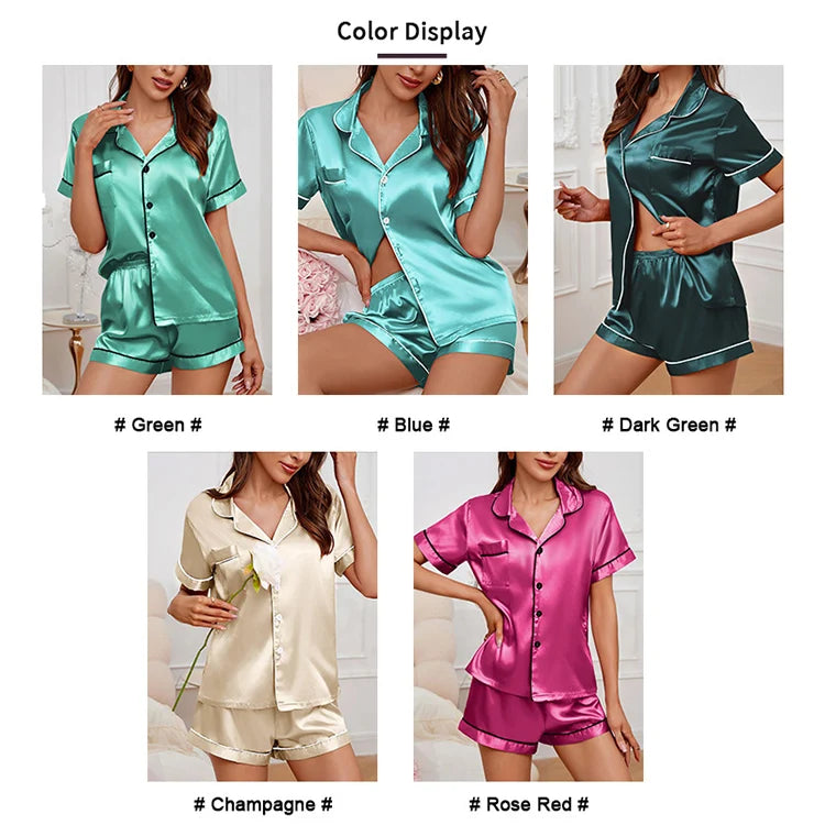 Luxurious Satin Pajama for Women – Summer Sleepwear, Short Sleeve Top with Button-Up Lapel Collar & Shorts, Femme Lounge Set