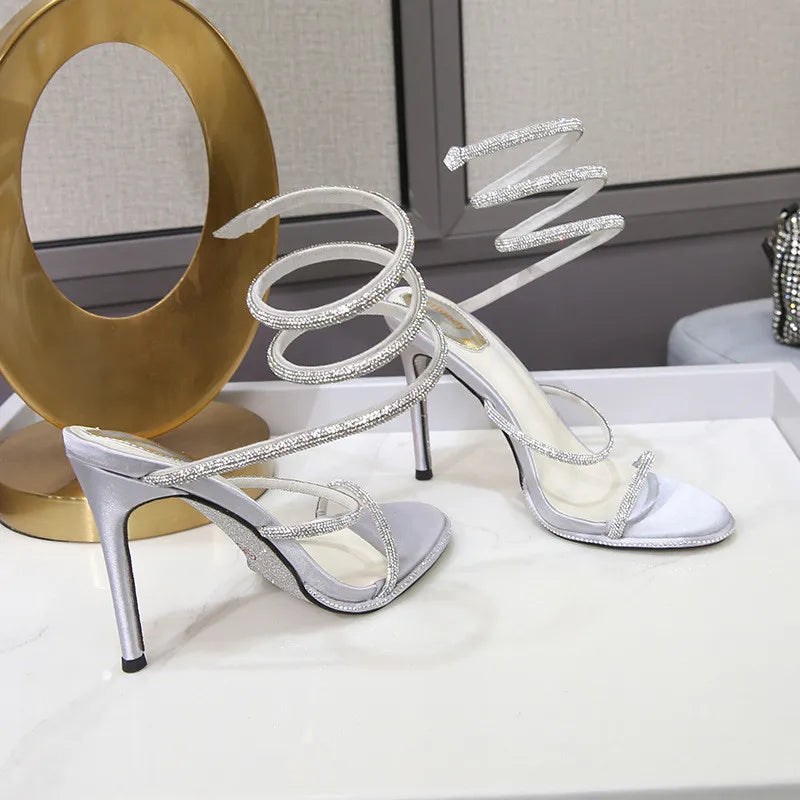 Snake Twine Around Crystal Sandals - Luxury Rhinestone Thin High Heels Gladiator Sandals, Party Prom Fashion Shoes for Women, Summer