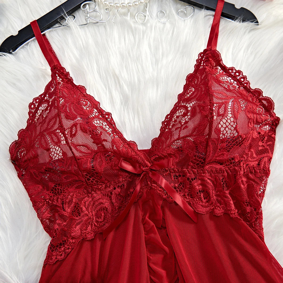 Transparent Red Sexy Lingerie – Women's Underwear, See-Through Sleepwear Lace Nightdress and Panty Set, Sexy Nighty