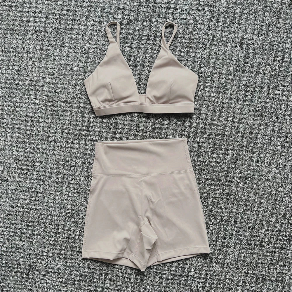 1/2PCS Nude Deep V-Neck Sports Bra & High-Waist Shorts – Women’s Yoga & Gym Workout Set