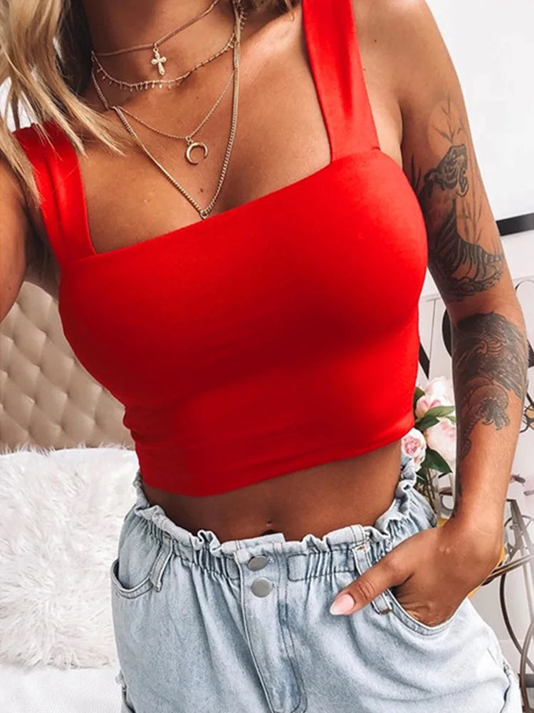 Square Neck Sleeveless Crop Top – Summer, Casual, Off-Shoulder, Cami Style, Sexy, Backless Tank