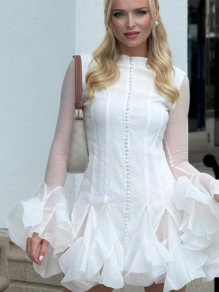 Luxury O-Neck Pink Ruffle Button Dress – Long Sleeve, High Waist, Fashionable Short Evening Prom Dress for Women