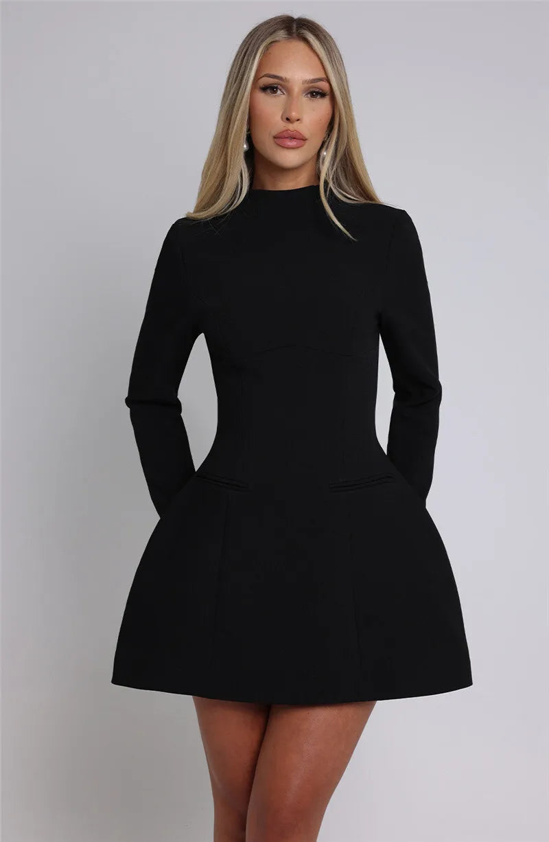 Mozision Long Sleeve Backless Mini Dress – O-Neck, High Waist, A-Line, Elegant Club Party Dress for Women
