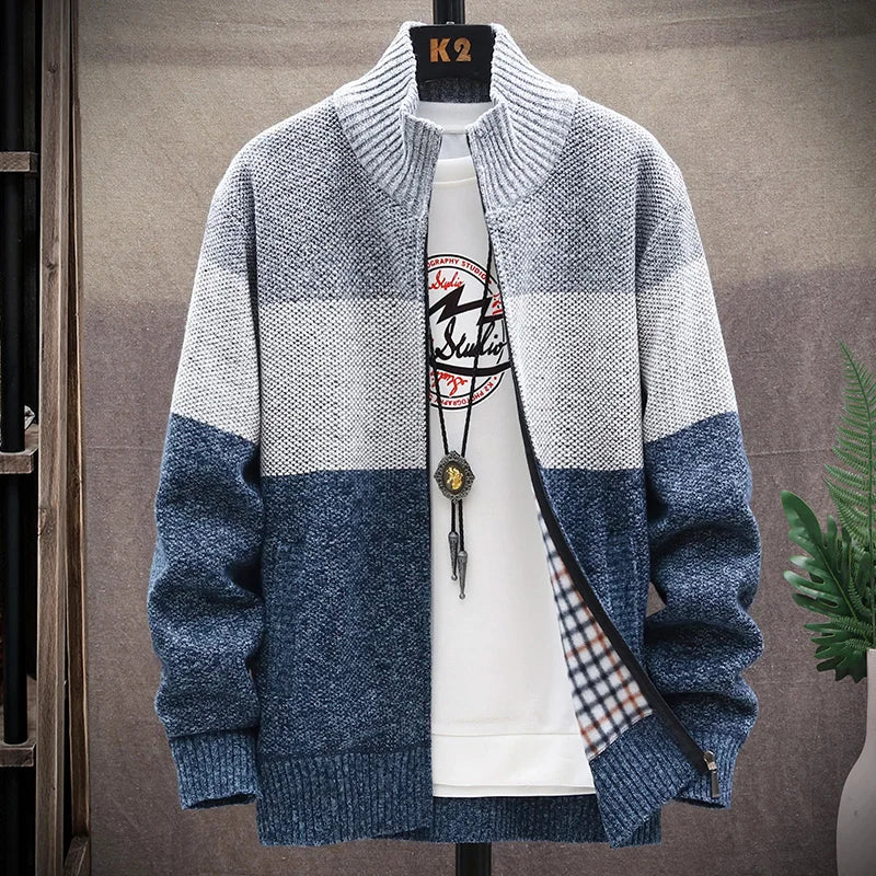 Cardigan Sweater Men – Fleece Zipper, Velvet Contrast Striped Sweater Coat, Casual Jacket for Autumn and Winter