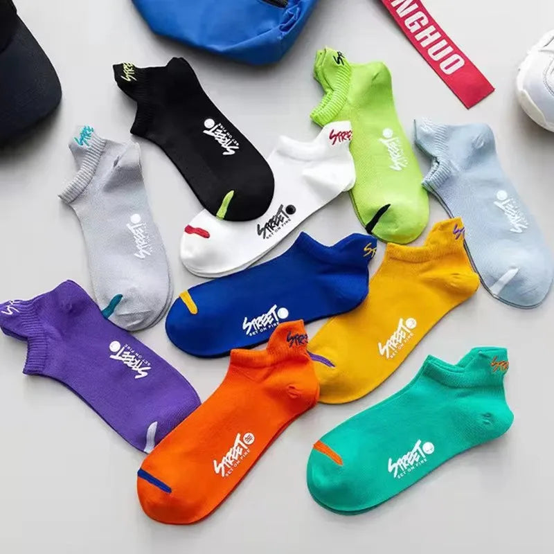 5/10 Pairs Bright Color Ankle No Show Socks – Men, Breathable, Street Fashion, Sport, Deodorant, Invisible, Travel, Running Socks