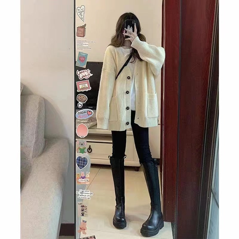 Women's Knitted Cardigan – V-Neck, Loose Fit, Long Sleeve, Casual Autumn Winter Jacket