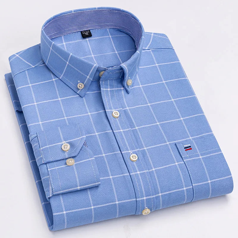 Men's 100% Cotton Shirt – Long Sleeve Plaid Oxford, Solid Color, Regular Fit Formal Dress Shirt, Available In Oversized