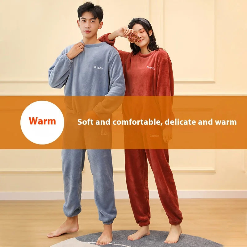 Men's Coral Velvet Pajamas – Thickened, Warm, Long Sleeve & Trousers, Solid Color, Soft Sleepwear, Autumn Winter 2PCS Set