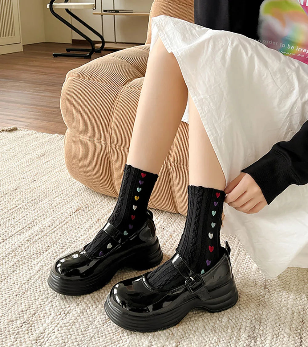 Colorful Heart Braid Five Finger Socks for Women – Spring Autumn, Middle Tube, Cotton, Breathable, Crew Socks, Streetwear