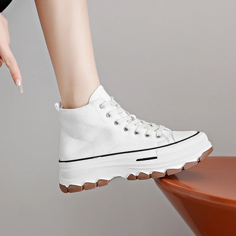 Women’s High Top Canvas Sneakers - Lace-Up, Non-slip, Wear-Resistant, Spring Platform