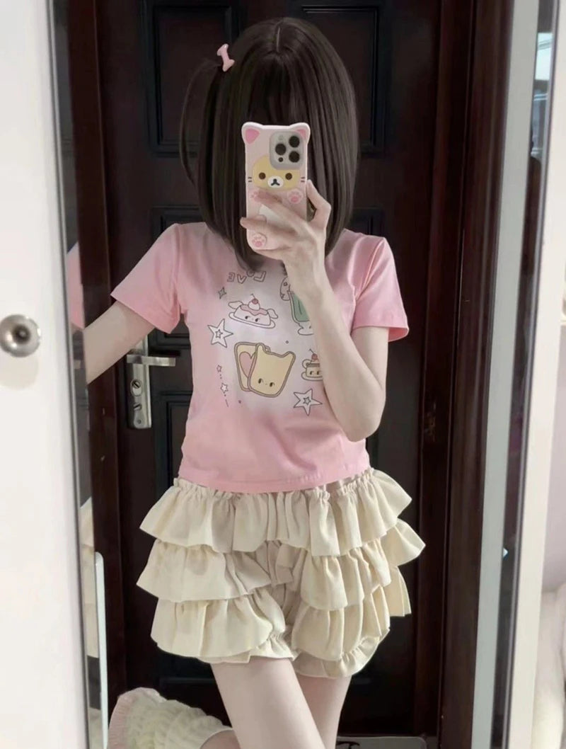 Y2K Sweet Ruffle Mini Skirt – Kawaii Lolita A-Line, Harajuku High-Waisted Bow Skirt in Pink & White