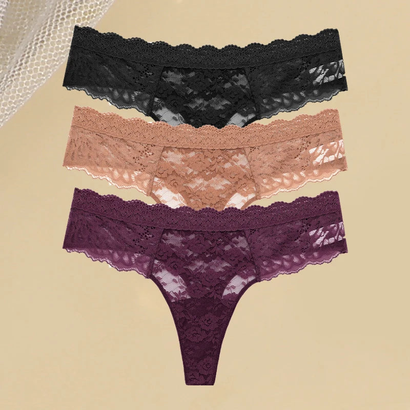 3PCS Lace Hollow Out Thong Panties – Sexy Floral Print, Solid Color, Low Waist, Breathable G-String Lingerie