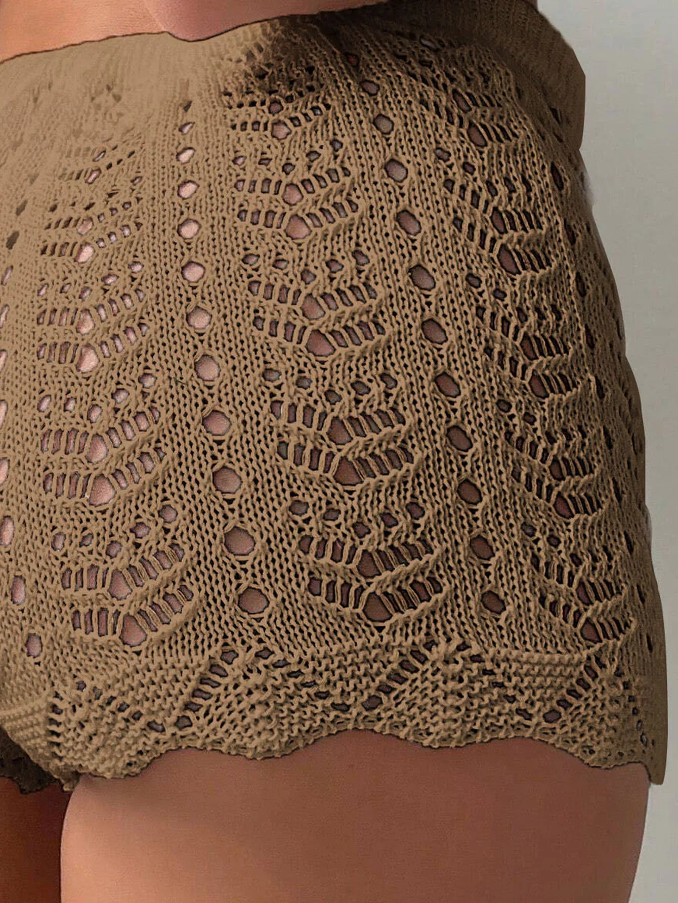 Hollow Drawstring Knitted Shorts – 100% Polyester, Open Waist, Bikini Cover-Up