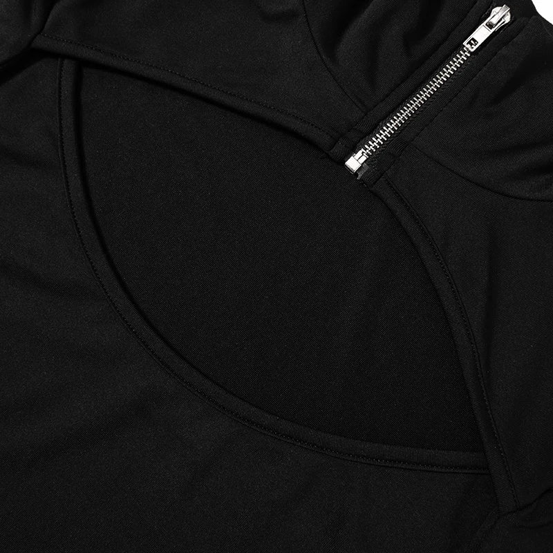 Zip Turtleneck Buckle Cutout Bodysuit – Long Sleeve, Sexy Club Romper, Black Techwear Jumpsuit for Women