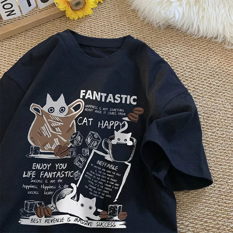Oversized Cartoon Cat T-Shirt – Unisex Korean Style, Casual Short Sleeve Couple Tee