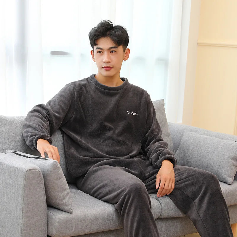 Men's Coral Velvet Pajamas – Thickened, Warm, Long Sleeve & Trousers, Solid Color, Soft Sleepwear, Autumn Winter 2PCS Set