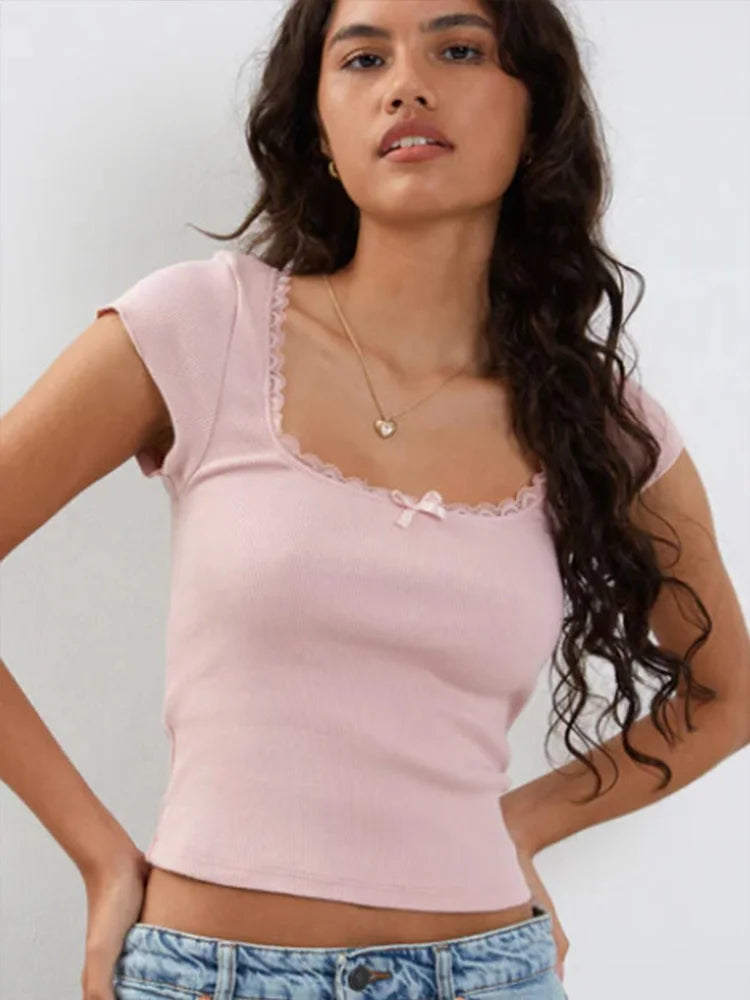 Y2K Vintage Baby Tee – Cottagecore Lace Trim, Knitted Square Neck Crop Top for Women
