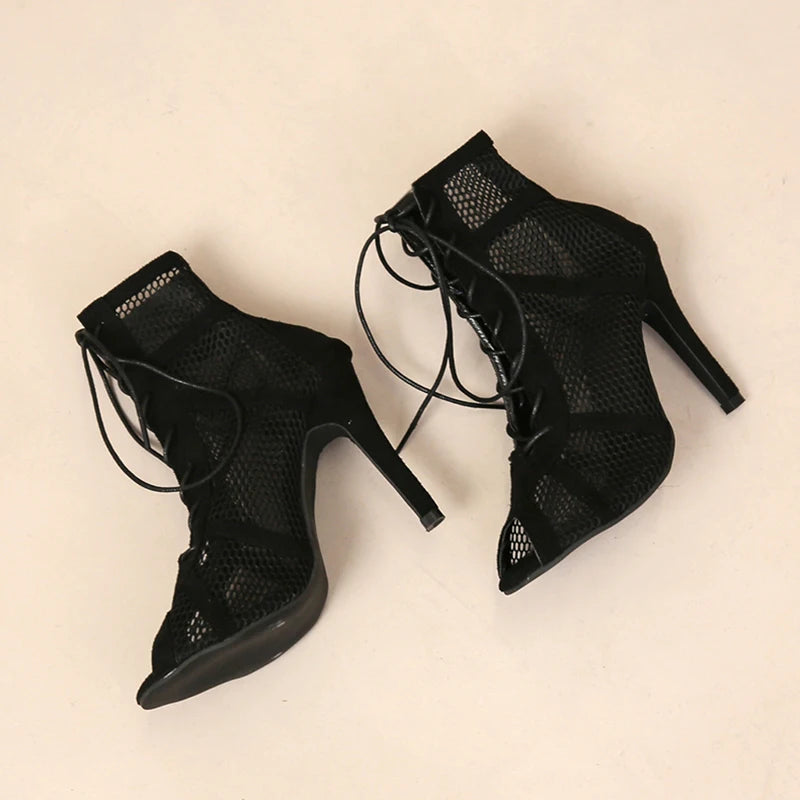 Sexy High Heels – Hollow Mesh Sandals, Summer Cross-Tied Peep Toe Heeled Sandals, Ankle Strap Dance Shoes
