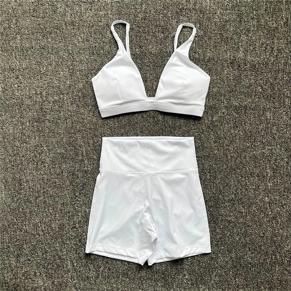 1/2PCS Nude Deep V-Neck Sports Bra & High-Waist Shorts – Women’s Yoga & Gym Workout Set
