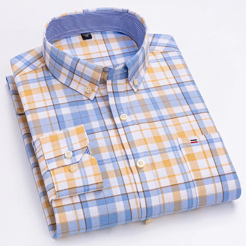 Men's 100% Cotton Shirt – Long Sleeve Plaid Oxford, Solid Color, Regular Fit Formal Dress Shirt, Available In Oversized