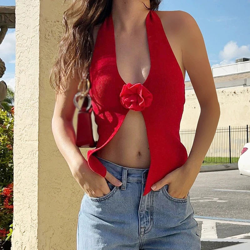 Sweet Flower Knitted Camisole – Sexy, Halter Neck, V-Neck, Backless, Slim Fit, Women's Tank Top