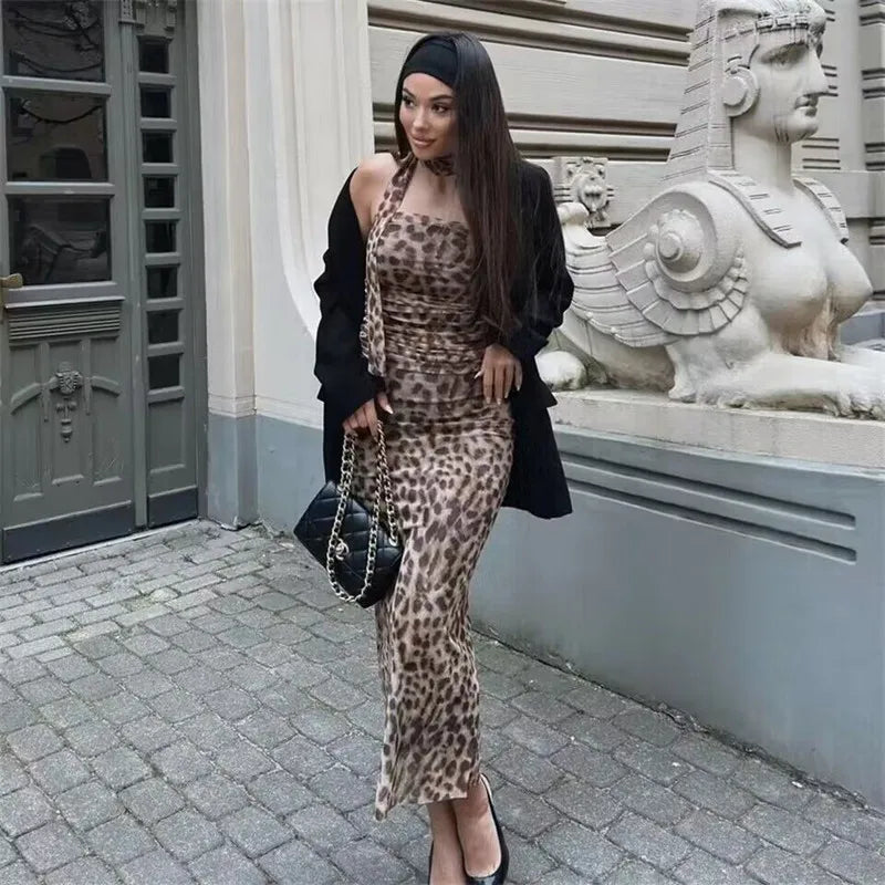 Leopard Print Crop Top – Ruched Tulle, Corset Style, Off-Shoulder, Halter Neck, Sexy, Backless, Tube Top, Women's Fashion