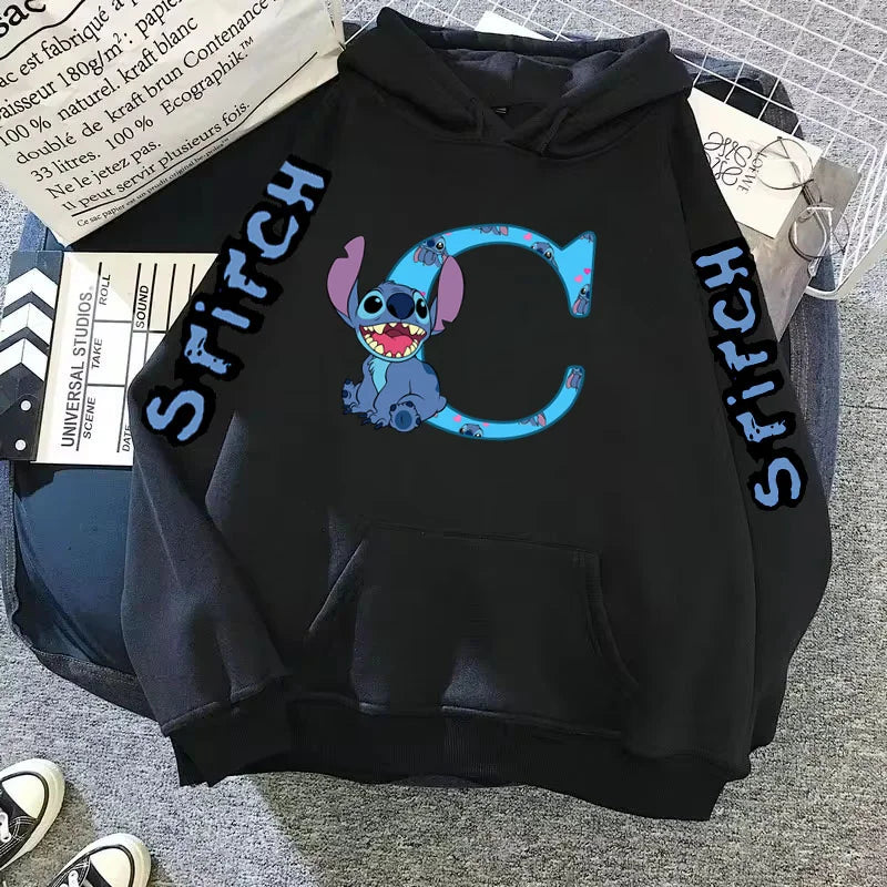 Women's Winter Disney Hoodie – Cute Kawaii Lilo & Stitch, Lucky Letter Print, Black, Fashion Couple Streetwear (Big Size)