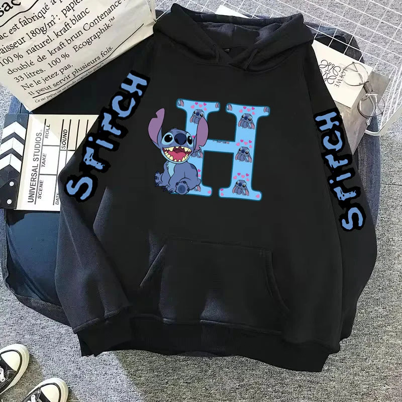 Women's Winter Disney Hoodie – Cute Kawaii Lilo & Stitch, Lucky Letter Print, Black, Fashion Couple Streetwear (Big Size)